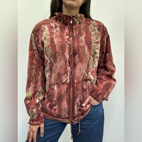 Vintage 80’s Red 100% Silk Reptile Print Windbreaker Jacket Size XL - Picture 4 of 11